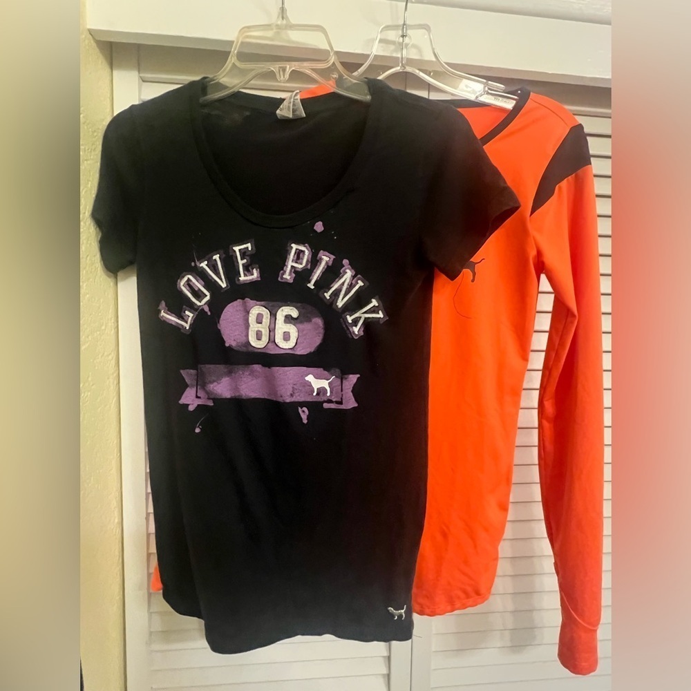 2 Victoria Secret Love Pink Woman’s XS Tops Long Sleeved Orange Shirt with Dog